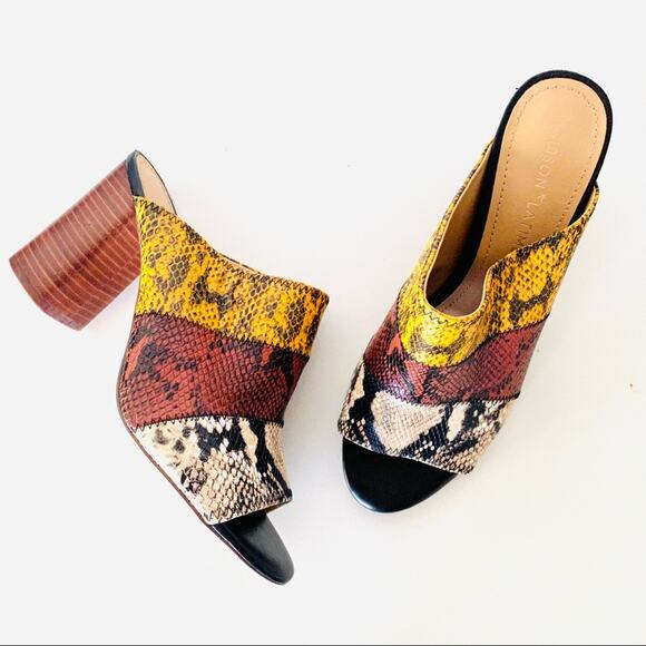 GIBSON LATIMER White Snakeskin Colorblock Stripe Wedge Stacked Heeled Mules 11 - Picture 1 of 6